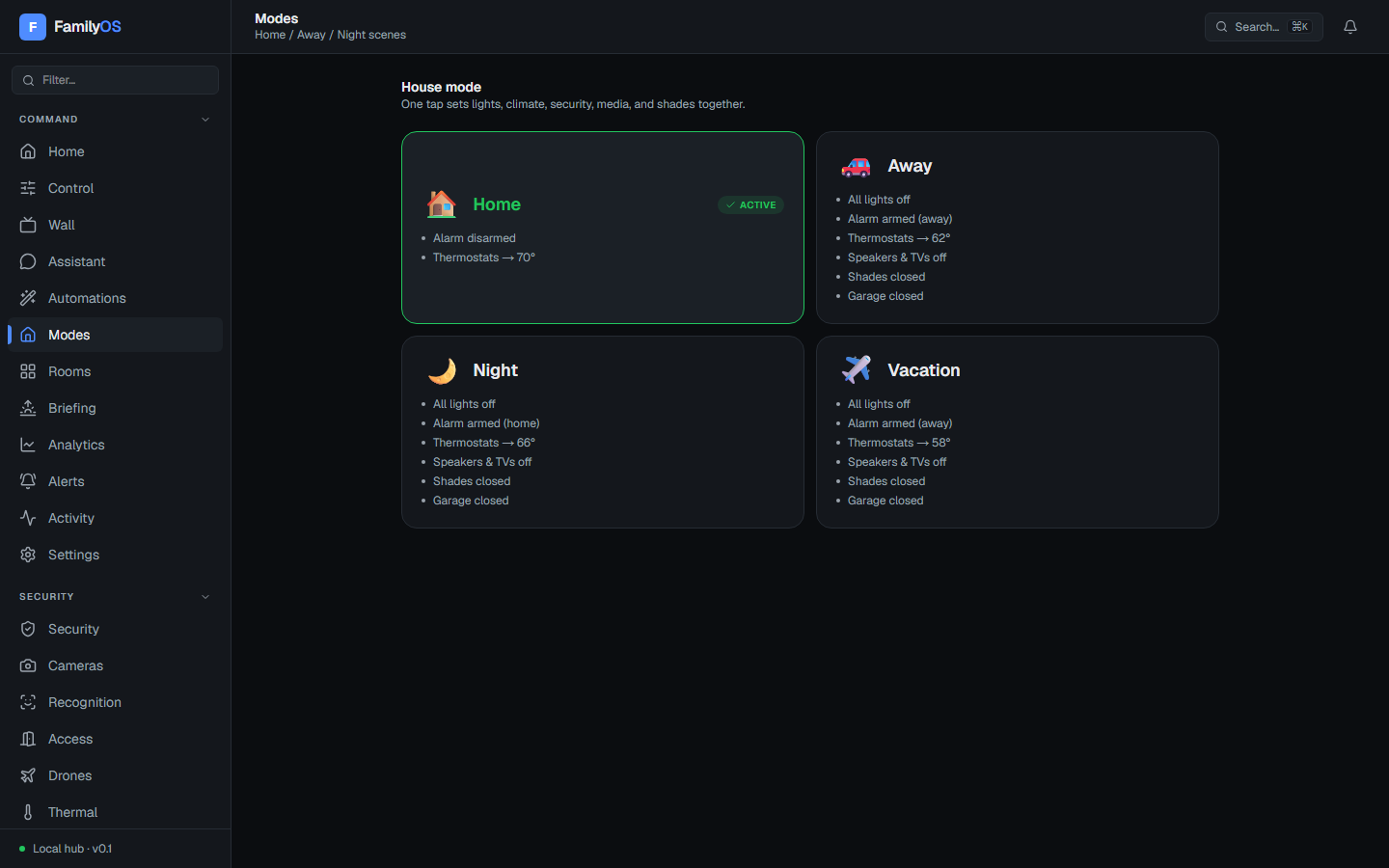 The House Modes screen showing Home, Away, Night, and Vacation scenes.